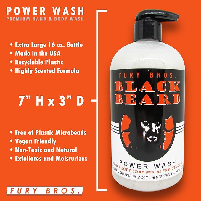 Premium Power Wash | Black Beard | Gunpowder & Charred Hickory | Hand & Body Wash | Exfoliating Pumice | Moisturizing Aloe Vera | Highly Scented | Made in USA | 16 oz | Dad Men Bath