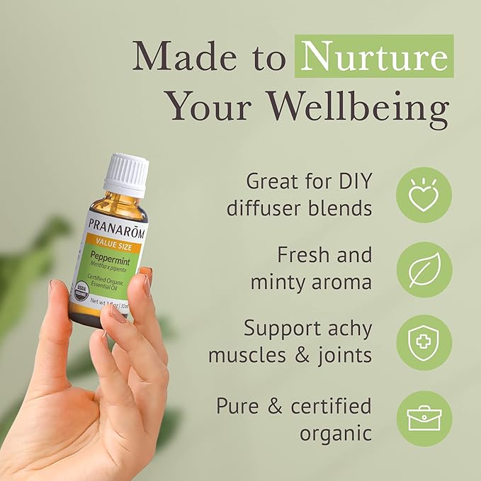 Pranarom USDA Certified Organic Peppermint Essential Oil (30ml), 100% Pure Undiluted Therapeutic Grade from India for Aromatherapy, Diffuser, Topical, Cooling, Massage & Relaxation