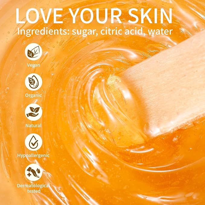Sugar Wax Kit for Hair Removal: 300g/10.6oz Organic Sugaring Wax for Face Body Legs Bikini Back - with Large Strips and Sticks, Care Oils, Gloves