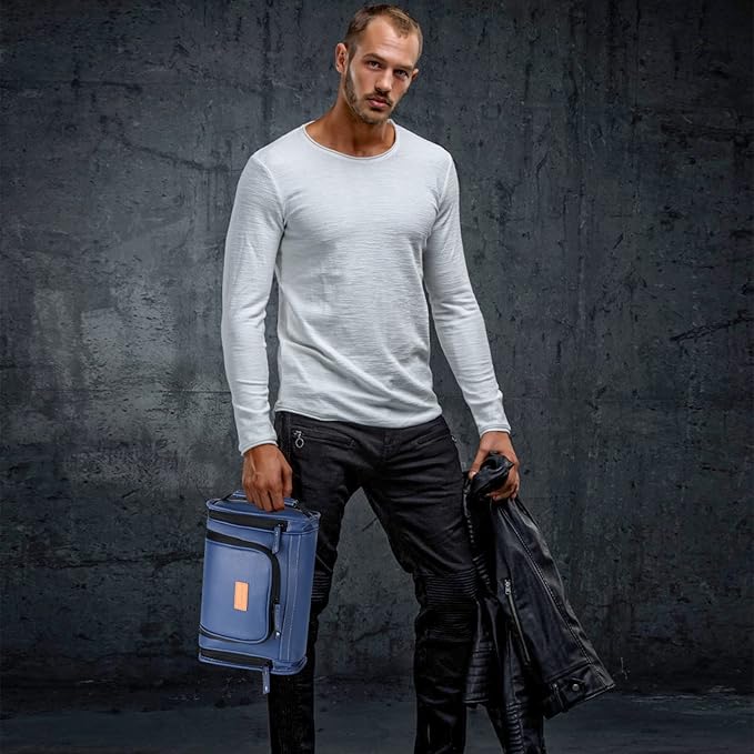 MIRASON Hanging Toiletry Bag for Men PVC Leather Dopp Kit Waterproof Travel Organizer Bag with Sturdy Metal Hook and Handle for Bathroom Shower Cosmetics Camping Brushes Shaving (Blue)