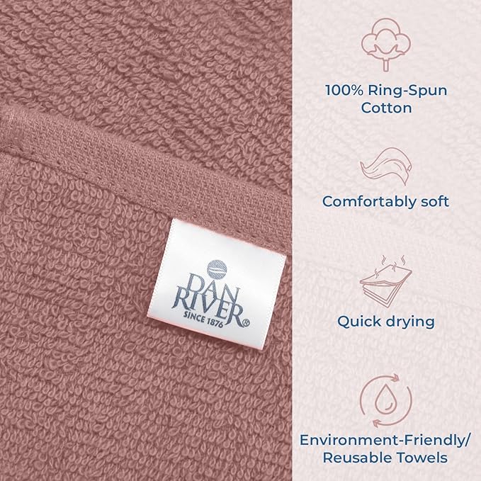 DAN RIVER 100% Cotton Washcloths 24 Pack Premium Quality Face and Body Cloth, Quick Dry Essential Towels for Bathroom, Hand, Kitchen & Cleaning, Baby Washcloths | 12X12 in | 400 GSM | Dusty Rose