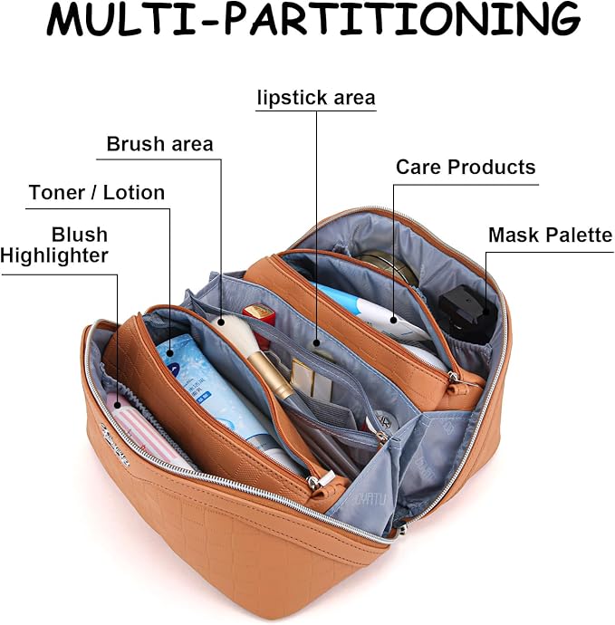 BOYATU Travel Makeup Bag Organizer Cosmetic Bag: 3 Pcs Set Make up Bags for Women with Handle - Waterproof Vegan Leather Toiletry Bags with Comparments (Orange)