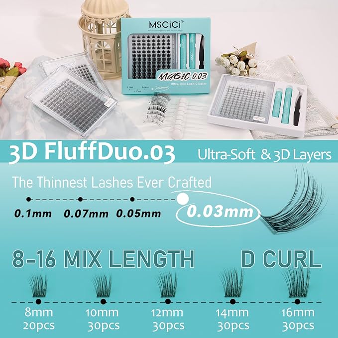 FluffDuo.03 EyeLash Clusters Kit 3D Volume 8-16mm D Curl - DIY Cat Eye Volume Look Eyelash Extensions Kit Ultra-Soft Fluffy Lashes Individual Fake Eyelashes Clusters Kit WideSpan Invisible Lash Band