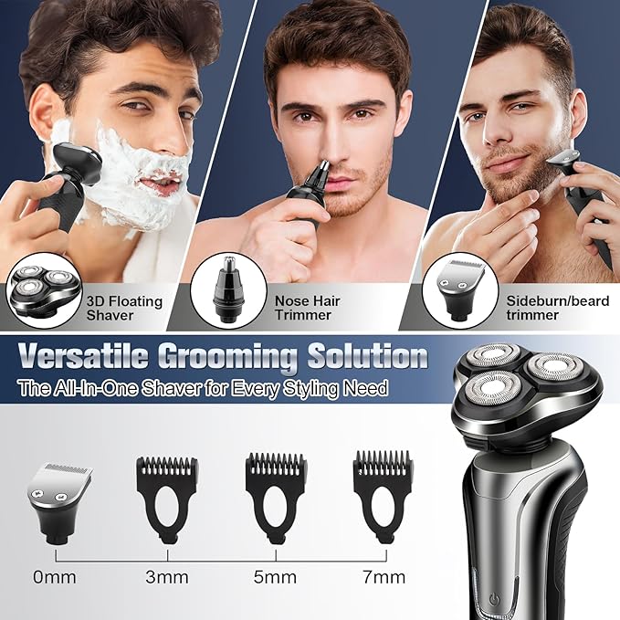 Electric Razor for Men, Men's Electric Shavers Rotary Replacement Waterproof Rechargeable,Electric Shaver for Men Cordless Floating Head Replaceable Blades,Portable Travel Razor Ideal Men Gift