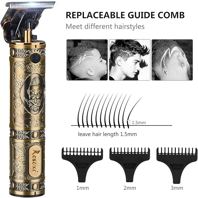 RESUXI Cordless Hair Trimmer for Men, Professional Electric Hair Clippers Barber Trimmer, Mens T-Blade Beard Trimmer Zero Gapped Edgers Gold Knight Close Cutting Haircut Kit