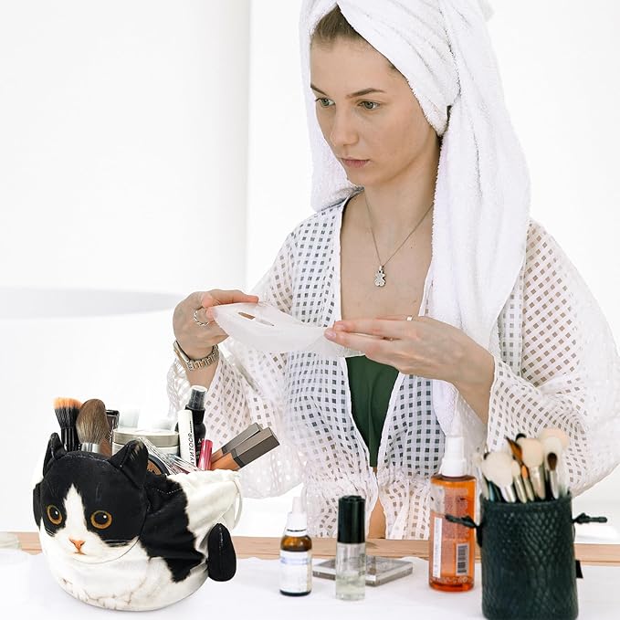 Openhaha Drawstring Cat Travel Organizer, Cosmetic Pouch - Lay Flat Makeup Bag Gifts for Cat Lovers (2-pack)