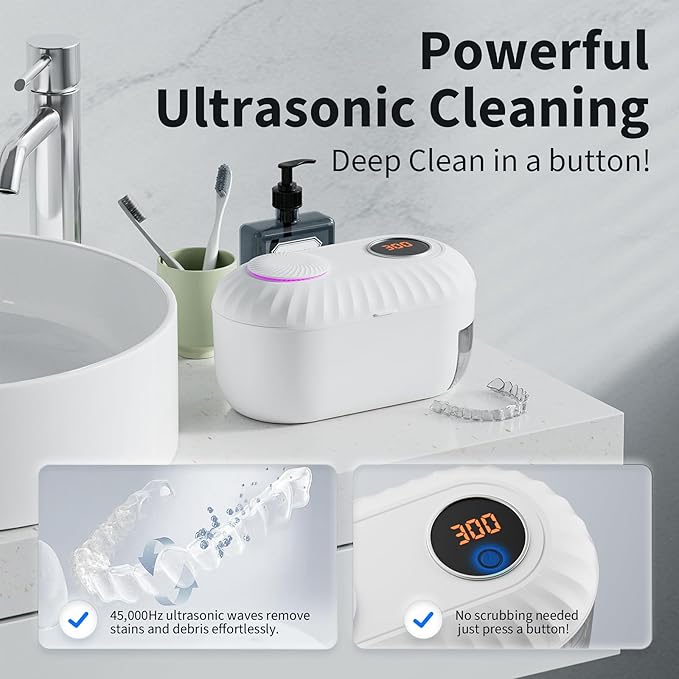 Ultrasonic Retainer Cleaner with Cleaning, Pumping, and Air-Drying Functions, 45kHz Retainer Cleaner Machine, 200ml Denture Cleaner for Dentures, Mouth Guards, Braces, Toothbrush Heads, Jewelry(White)