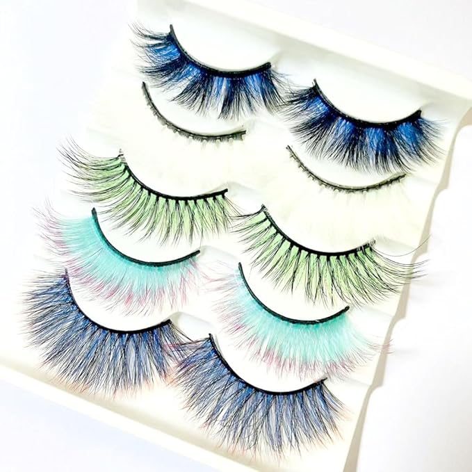 Sunniess Ombre Colored Lashes Silk Protein Fluffy Wispy Volume Fake Lashes for Halloweens Cosplay Party Stage Russian D Curl Lashes with Color Make up Faux Mink False Eyelashes