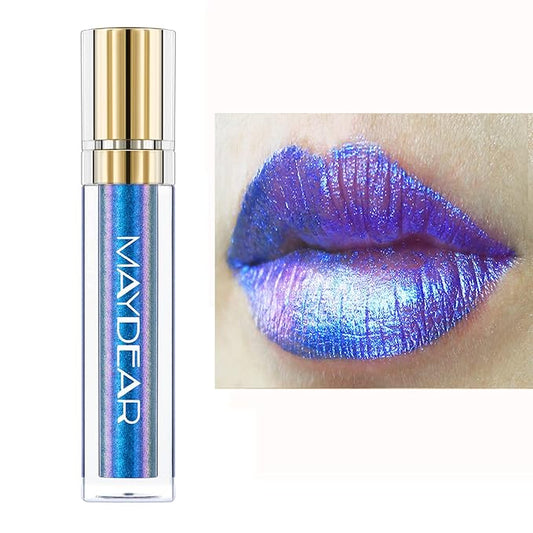 Maydear Chameleon Lipstick, High Pigmented Blue Lipstick for Women Metallic Shine Lip Gloss, Full-Coverage Multichrome Lipstick Long Lasting Rainbow Lip Makeup, Blue Cyan(03)