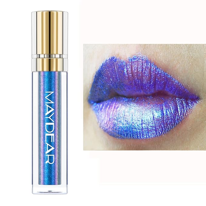 Maydear Chameleon Lipstick, High Pigmented Blue Lipstick for Women Metallic Shine Lip Gloss, Full-Coverage Multichrome Lipstick Long Lasting Rainbow Lip Makeup, Blue Cyan(03)