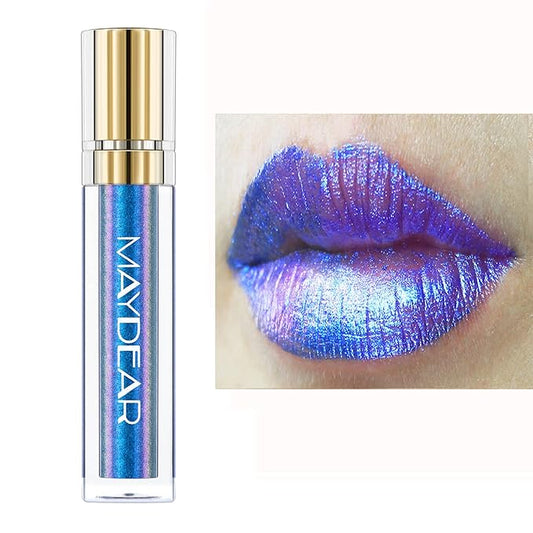 Maydear Chameleon Lipstick, High Pigmented Blue Lipstick for Women Metallic Shine Lip Gloss, Full-Coverage Multichrome Lipstick Long Lasting Rainbow Lip Makeup, Blue Cyan(03)