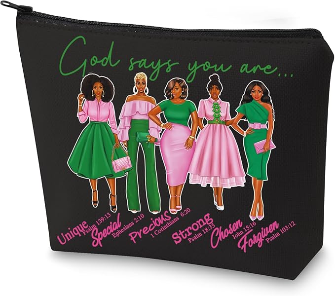WZMPA Sorority Sisters Cosmetic Makeup Bag Pink and Green Gift God Says You Are Sorority Makeup Zipper Pouch Bag Greek Sorority Paraphernalia (God Says AK-BL)