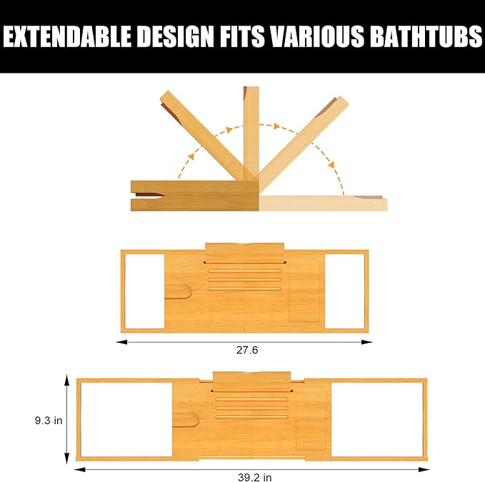 Premium Bathtub Caddy Tray,Expandable Bamboo Bath Tray for Tub,Foldable Minimalist Bathroom Accessories with Book Stand for Home Spa Relaxing,Unique House Warming Gifts,Natural