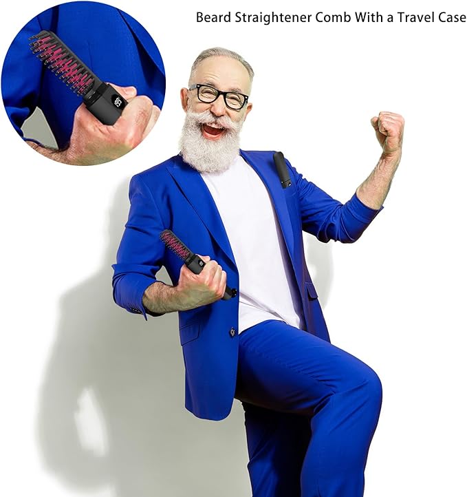 Beard Straightener for Men, Heated Beard Brush, Cordless Beard Hot Comb for Medium to Long Beards, with Travel Case, Rechargeable, 3 Temp Settings, Ionic Technology, Grooming Gift for Men(Black)