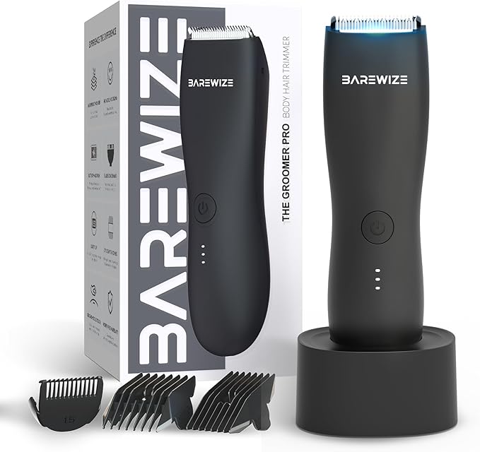 Body Hair & Pubic Hair Trimmer for Men | Waterproof, USB-C Rechargeable, LED Light, Replaceable Ceramic Blade, Electric Ball Shavers, Manscape Kit, Mens Personal Groomer (Raven Black)