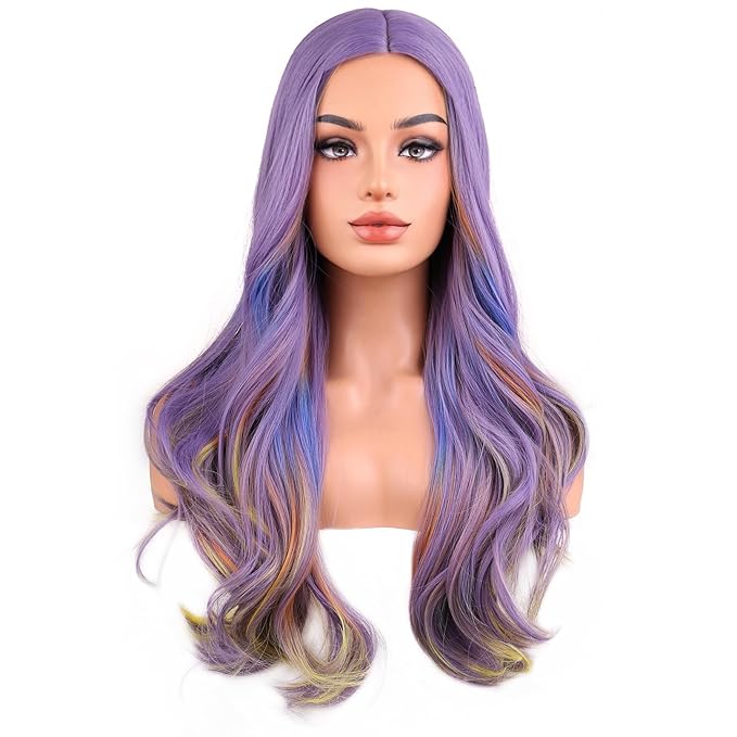 BERON Purple Mixed Colorful Long Wavy Wig for Women Girls Middle Part Heat Resistant Synthetic Hair Wigs for Cosplay Party Daily or Use