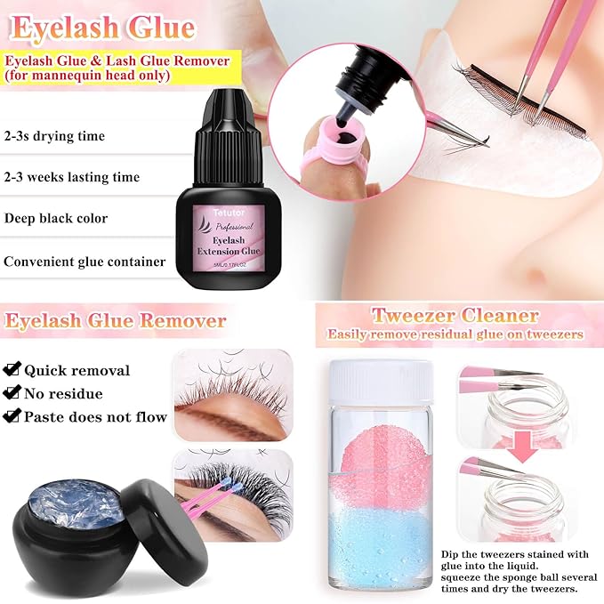 EyeLash Extension Kit for Beginners, Professional Lash EyeLash Extension Practice Kit with Everything, Mannequin Head, Eye Lashes Glue, Lash Kit for Eyelash Extensions Beginners Training