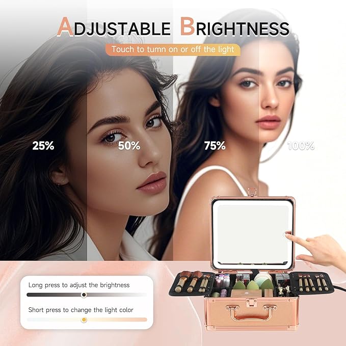 Leeora&Leekoo Makeup Box with LED Mirror & Aluminum Frame, Compact Multi-Layer Cosmetic Organizer - Portable ABS Travel Train Case for Makeup Storage(Gift for Girlfriend/Daughter) (Gold)