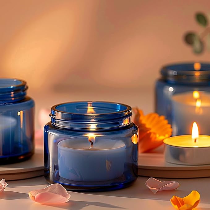 KEYWING 2oz Small Glass Jars with Black Lids, 35 Pack Blue Round Glass Cosmetic Jars with Inner Liners for Cream, Lotions, Powders and Ointments