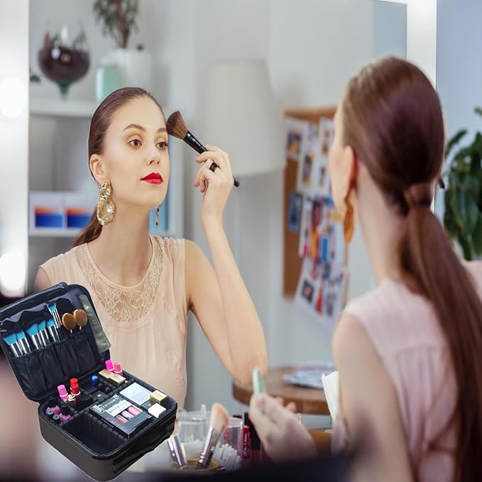 Travel Makeup Bag with LED Lighted，Make up Case with Mirror 3 Color Setting Cosmetic Makeup Box Organizer Vanity Case with Adjustable Dividers Makeup Brushes for Women Beauty Tools Accessories.