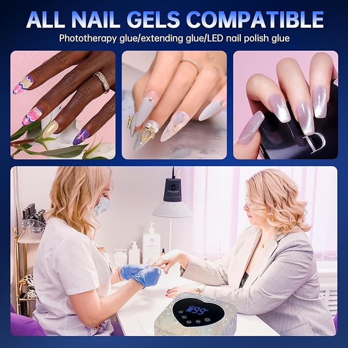 UV LED Nail Lamp 72W Rechargeable Sparkly Wireless Nail Dryer Gel Polish Light with 5 Timer Setting Professional Quick Dry Curing Lamp with Display Auto Sensor for Salon & Home