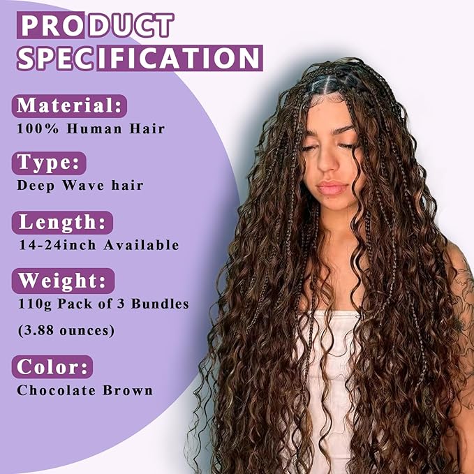 Human Braiding Hair For Boho Braids Deep Water Wave Human Bulk Hair for Braiding 12A Brazilian Virgin Human Hair Extensions for Boho Braids 3 Bundles/Pack 110g Chocolate Brown 18inch
