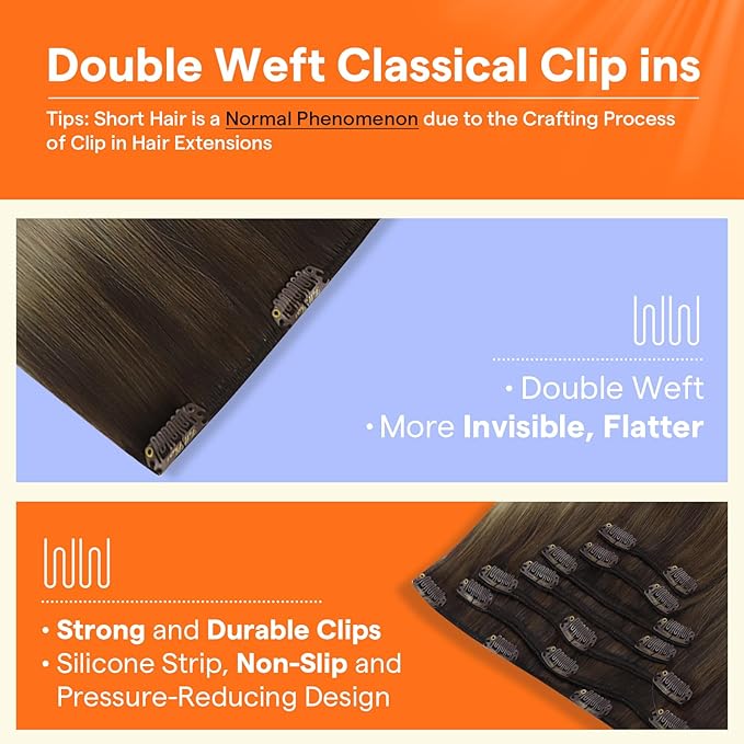 Full Shine Clip in Hair Extensions Real Human Hair Brown Ombre Hair Extensions Clip ins Balayage Darker Brown Fading to Ash Blonde Mix Blonde Extensions Clip ins 7 Pcs 16 Inch 120 G