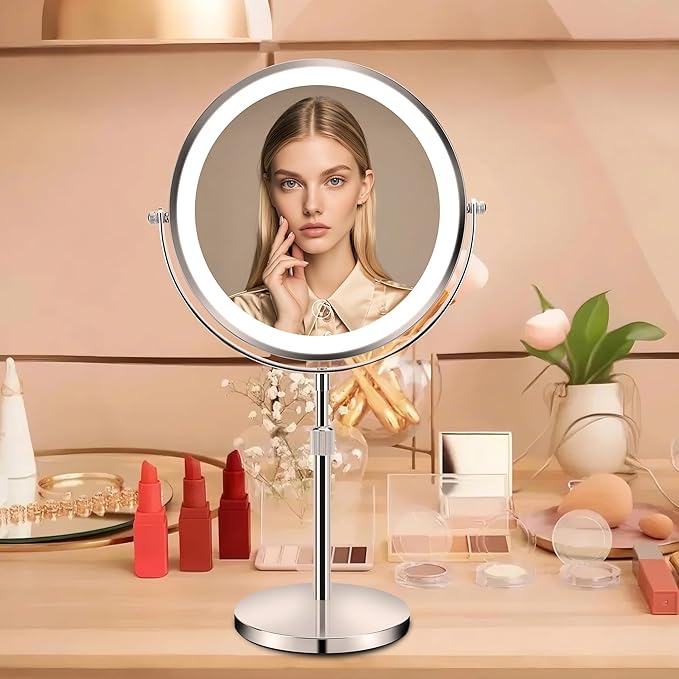 10x Large Lighted Makeup Mirror, Rechargeable 8.7" Double-Sided Vanity Mirror with 3 Color Dimmable Lights, 1X/10X Height Adjustable Magnifying Mirror, 360° Swivel, for Women Girl(Silver)
