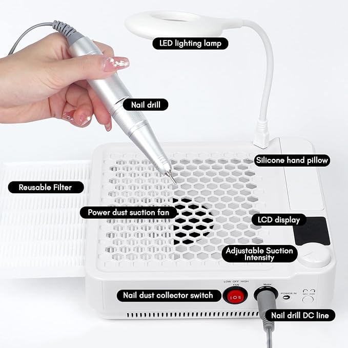 SAVILAND 3-in-1 Nail Dust Collector – Powerful Nail Vacuum Fan with Efile Nail Drill Lighting Lamp Reusable Filter Dust Collector Extractor for Manicure Nail Art Equipment Acrylic/Gel Nails Removal