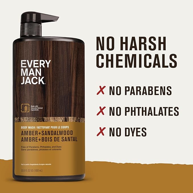 Every Man Jack Nourishing Amber + Sandalwood Mens Body Wash for All Skin Types - Cleanse, Nourish, and Hydrate Skin with Naturally Derived Coconut, Glycerin - 33.8 fl oz - 2 Bottles