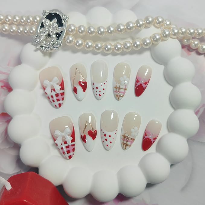 Almond Press on Nails Handmade Medium Long/Stiletto 3D Flower Fake Nail with Designs, Women Reusable False Nails (Valentine Red French, M)