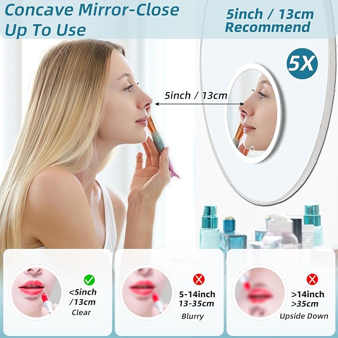 5x Lighted Magnifying Mirror with Suction Cups, Large 6'' Magnified Mirror with Light High Magnification Travel Makeup Mirror, Rechargeable Battery, 3 Colors Dimming Light, with Tweezers &Scissors