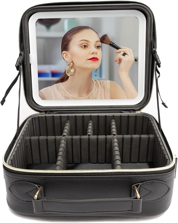 Travel Makeup Bag with LED Lighted，Make up Case with Mirror 3 Color Setting Cosmetic Makeup Box Organizer Vanity Case with Adjustable Dividers Makeup Brushes for Women Beauty Tools Accessories.