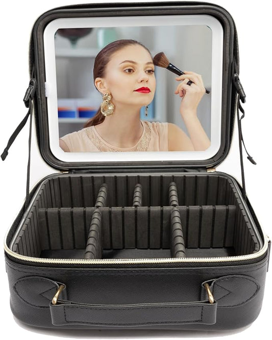 Travel Makeup Bag with LED Lighted，Make up Case with Mirror 3 Color Setting Cosmetic Makeup Box Organizer Vanity Case with Adjustable Dividers Makeup Brushes for Women Beauty Tools Accessories.