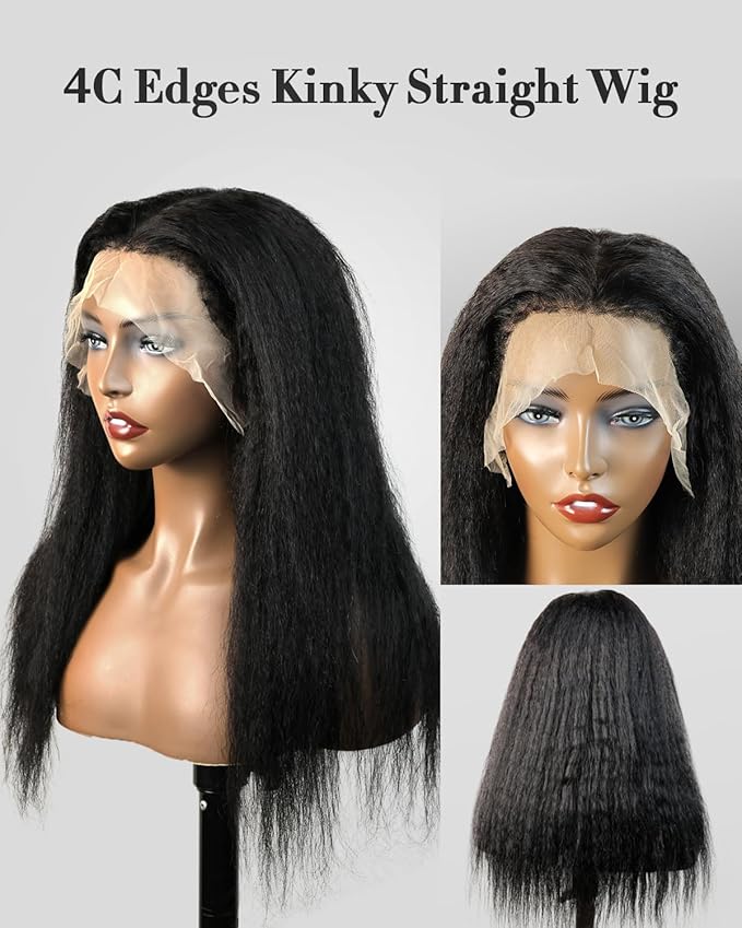 4C Edges HD Lace Front Wig Human Hair Kinky Stairght, 13x4 Lace Frontal Kinkystraight Wigs with Kinky Edges Hairline Pre-Plucked 180% Density 22 inch