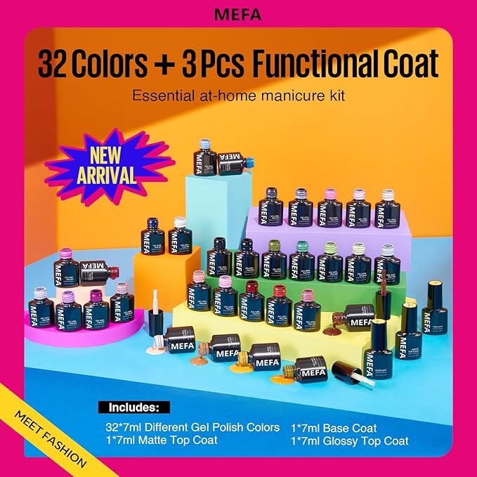 MEFA 35 Pcs Gel Nail Polish Set, 32 Colors All Seasons Collection Gel Nail Polish Blue Red Pink Nail Art Manicure DIY Salon Home Halloween Decoration Beginners Gifts for Women