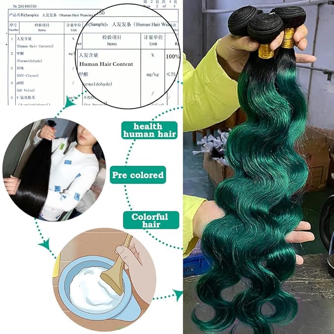 Green Ombre Bundles Body Wave 1B/Green Virgin Human Hair Brazilian Ombre Green Weave 3Bundles, 100% Human Hair Bundles Extensions for Women (141618 1B/Green)