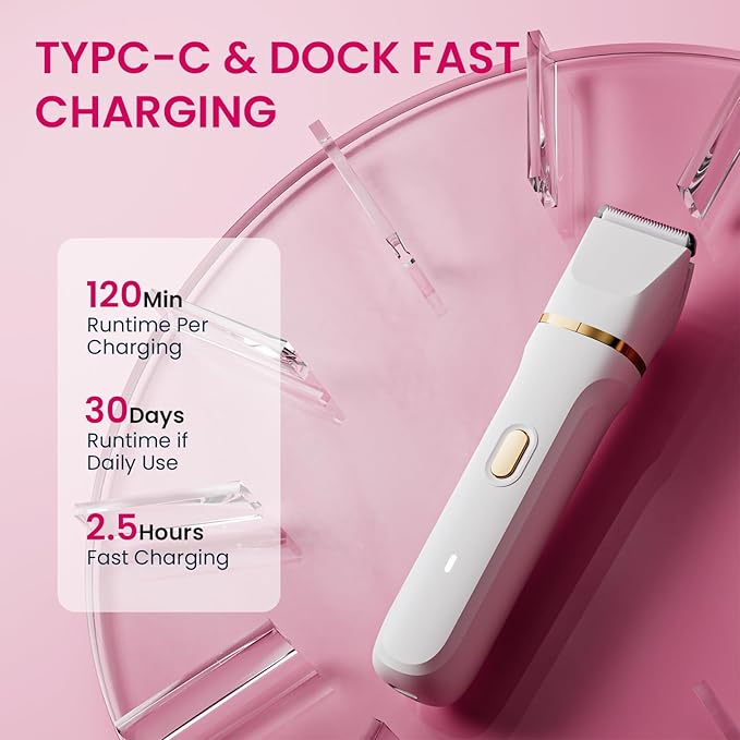 Electric Razors for Women, 5-in-1 Wet/Dry Bikini Trimmer with USB Charge Dock, Deluxe Facial Hair Removal, Wet/Dry Body Shaver for Nose Eyebrows Beard Underarm Leg Arm, IPX7 Waterproof (White)