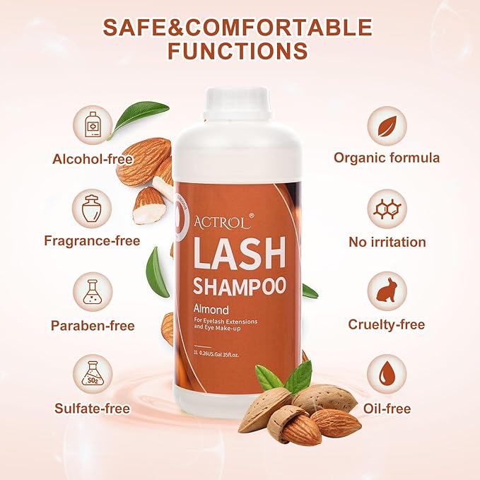 Eyelash Extension Cleanser Almond 1L Natural Lash Extension Shampoo Professional Eyelid Foaming Cleanser Paraben & Sulfate Free Non-lrritating with Salon and Home Care