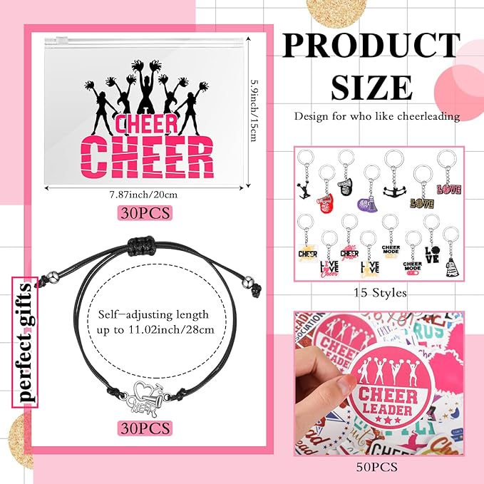 91 Pcs Cheerleader Gifts Kit Zipper Portable Cheer Makeup Bag Keychain Black Cheer Bracelets 1 Bag Waterproof Stickers for Women Girls Cheerleader Teammates