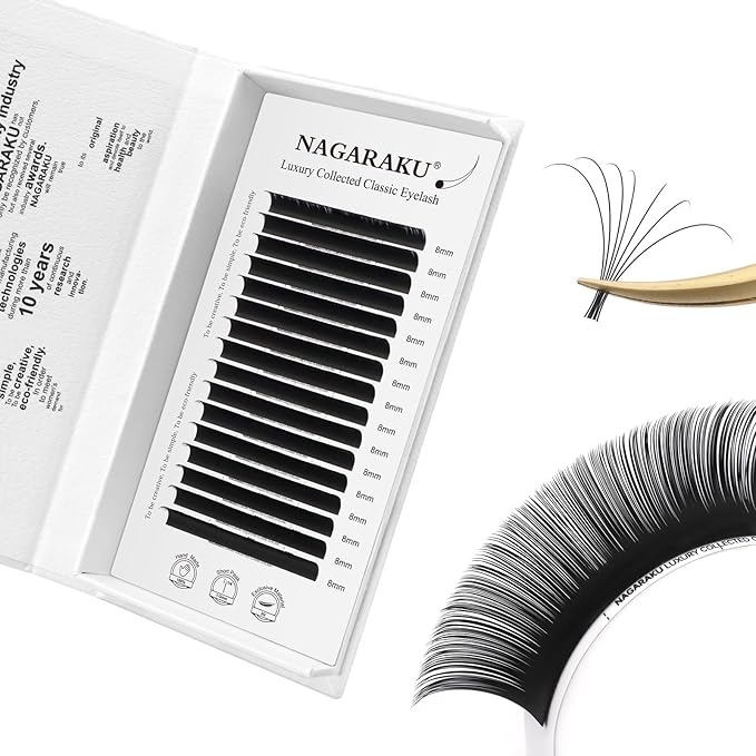 NAGARAKU Individual Eyelash Extensions, Luxury Collected Classic Single Lashes Upgraded 3rd Generation Soft Natural Beauty Salon Professional Lash Supplies 16 Rows Matte Black -0.07 D Curl 8mm