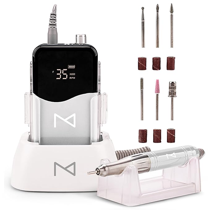 M Mase- Professional Nail Drill Machine - 2-in-1 Nail File - Cordless, 35000 RPM, HD Display - Gift for Her - Electric Nail Drill for Professional & Home Use (White)