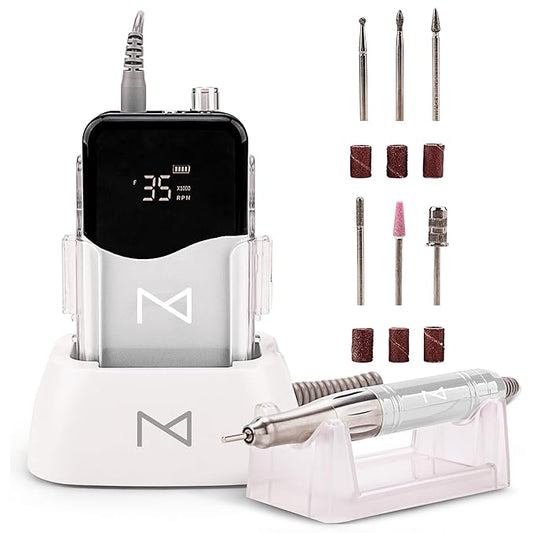 M Mase- Professional Nail Drill Machine - 2-in-1 Nail File - Cordless, 35000 RPM, HD Display - Gift for Her - Electric Nail Drill for Professional & Home Use (White)