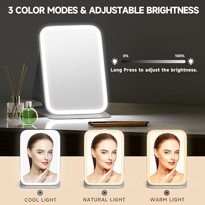 Mocado Travel Makeup Mirro with Lights, 360° Rotation Lighted Makeup Mirror, Portable Mirror with 10x Magnification, 60LEDs 3 Color Lightings, Dimmable Touch Screen, Tabletop Light up Mirror(Black)