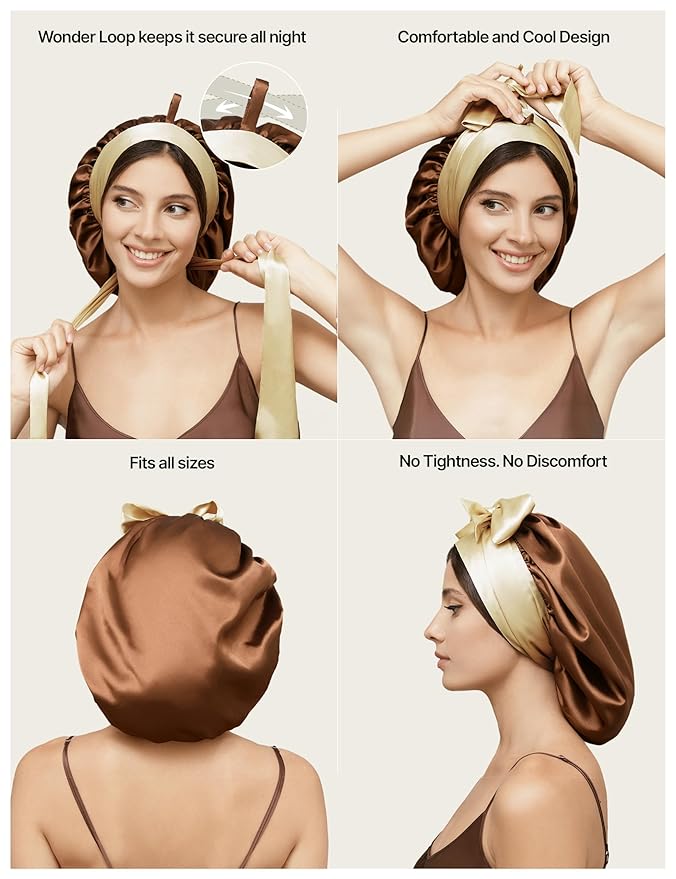 100% Mulberry Silk Bonnet for Sleeping Women with Curly Hair – Alternative to Double Layer Satin Bonnet with Tie Band Premium Silk Hair Wrap for Sleep with Wonder Loop Chocolate