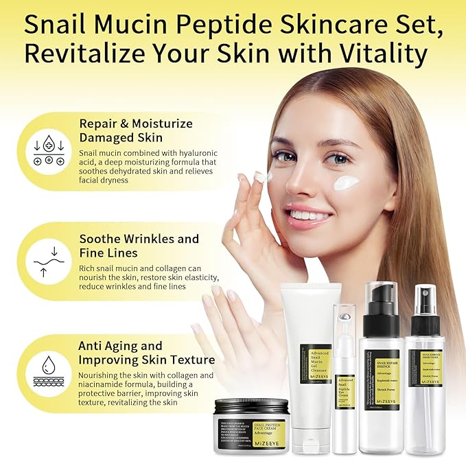 Advanced Snail Mucin Skincare Set For Teen Girl, Anti Wrinkle & Repair Face Skin Care Gift Set With Face Wash, Toner, Serum, Face Cream, Eye Cream, 5PCS Peptides Snail Mucin Kit Travel Size For Women.