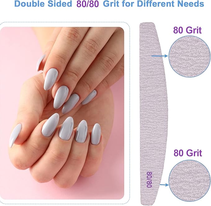 80/80 Grit Nail Files (25 Pack), Emery Boards for Acrylic Nails and Gel Nails, Coarse Nail File Double Sided 80 Grits Emory Professional Nail Filers Reusable Washable Manicure Curved Gray Bulk