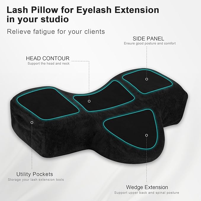 IMENE Lash Pillow for Lash Extensions- Memory Foam Lash Pillow with Neck and Back Support, Ergonomic lash Bed Pillow with Velvet Pillowcase and Lash Organizer Pockets （Black）