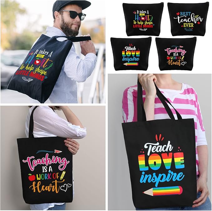 Oudain 8 Pcs Teacher Appreciation Gifts for Women Graduation Gifts Canvas Tote Bag Cosmetic Toiletry Canvas Makeup Bags with Zipper for Teacher Birthday Farewell Parties