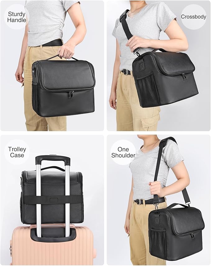 TANTO Makeup Train Case, Large Makeup Bag, Travel Makeup Organizer, Professional Cosmetic Case, Black Leather PU, Adjustable Dividers, Dustproof Design, Waterproof Material, 11.8x9.8x7.8 inches